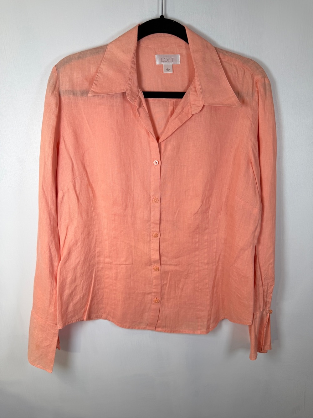 LOFT Peachy Coral 100% Linen Button-Front Women’s Shirt Sz L